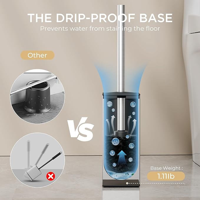 FORIOUS Toilet Brush and Holder Set Heavy Duty 304 Stainless Steel Base Square and Long Handle for Bathroom Deep Cleaning Drip-Proof Space Saving for Storage 2 Toilet Bowl Brush Head