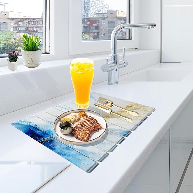 Stone Drying Mat for Kitchen Counter - Quick Dry Stone Dish Drying Mat Large Non-Slip Stone Bath Mats for Bathroom &amp Kitchen Sink Foldable Fast Drying Stone Sink Mat (blue gold)
