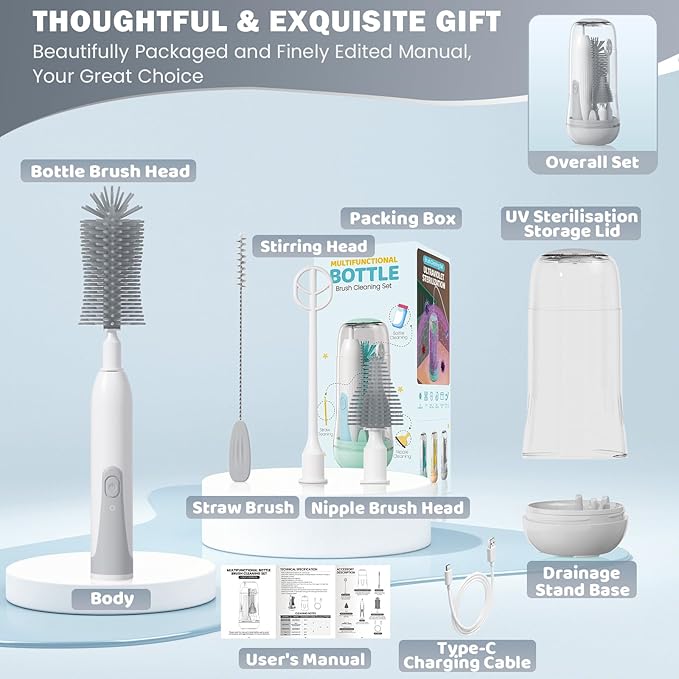 IvyWind Electric Travel Baby Bottle Brush Set with Storage Box Automatic Bottle Cleaner Brush Kit with Silicone Bottle/Nipple/Straw Brush Milk Frother Electric and Drainage Rack Rechargeable Gray