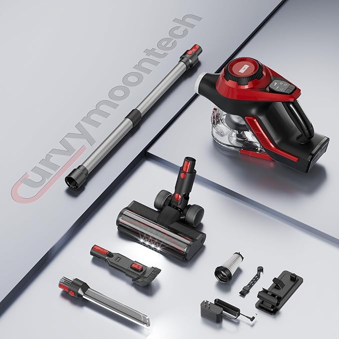 Cordless Vacuum Cleaner for Home Stick Vacuum 40Kpa Smart Display &amp 1.5L Dust Cup MAX 40mins Runtime Rechargeable Lightweight Handheld Vavuum for Pet Hair/Carpet/Hardwood Floor/Car (Crimson)