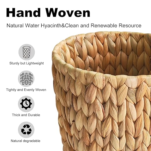 Wicker Trash CanSmall Bathroom Trash CanWater Hyacinth Wicker Waste Basket for BathroomBoho Waste Basket for BedroomHome OfficeCompact Spaces(2 Gallon Round)