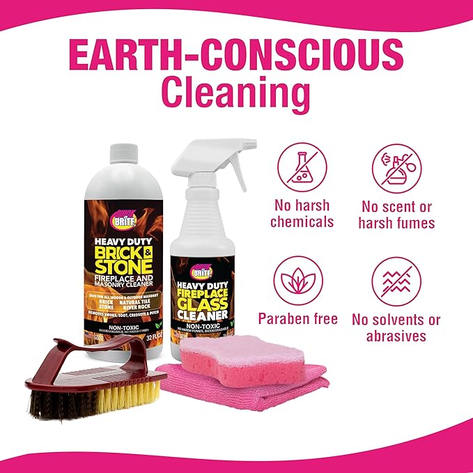Quick 'n Brite Fireplace Cleaning Kit – Includes 16 oz Fireplace Glass Cleaner 32 oz Gel Fireplace Cleaner Scrub Brush Sponge and Microfiber Towel
