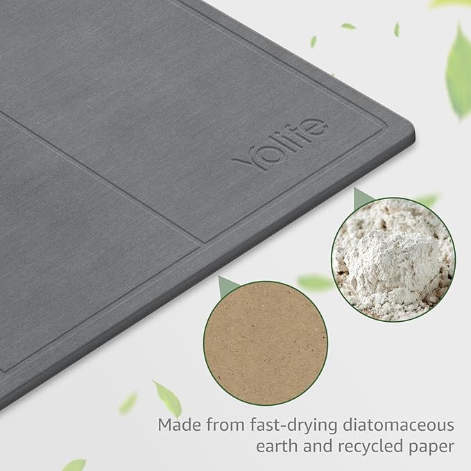 Yolife Extra Large Stone Drying Mat for Kitchen Counter 23.7 x 15.4 Kitchen Stone Dish Drying Mat Quick Drying Diatomaceous Earth Dish Drying Mat Stone Dish Mat with Non Slip Pad (Grey)
