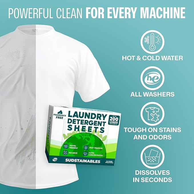 Sudstainables Laundry Detergent Sheets 200 Loads – Dissolvable Laundry Sheet for Washing Machines Compact Alternative to Liquid &amp Powder Detergent Travel-Friendly Soap | Fragrance Free