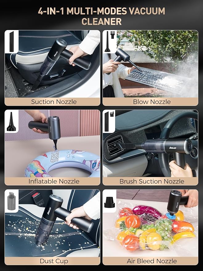 aokway Car Vacuum Portable Cordless 15000PA Powerful Suction 7500mAh 4-in-1 High Power Mini Vacuum Cleaner for Car Home PC Keyboard Desk Cleaning Small Handheld Rechargeable (Black)