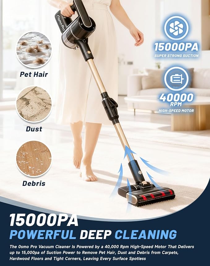 Vacuum Osmo Provacuum – 15000pa Powerful Suction 140° Wide-Green Light Dust Reveal Folding Vacuum Cleaner Anti-Tangle Roller LED Display Vacuum &amp Mop 2-in-1 Whole House Cleaning (White)