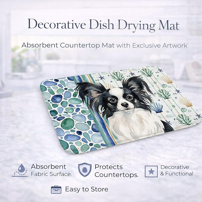 Caroline's Treasures Black and White Papillon Coastal Sea Glass Dish Drying Mat Absorbent Dish Drying Mat Pad for Kitchen Counter Dish Drainer Mat for Countertop 14 x 21 Multicolor