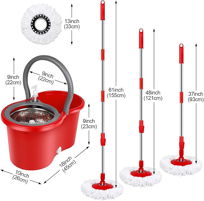 Spin Mop and Bucket with Wringer Set 360° Spinning Mop Bucket System with 3 Microfiber Mop Replacement Heads and 61 Stainless Steel Adjustable Handle for Floor Cleaning (20QT)
