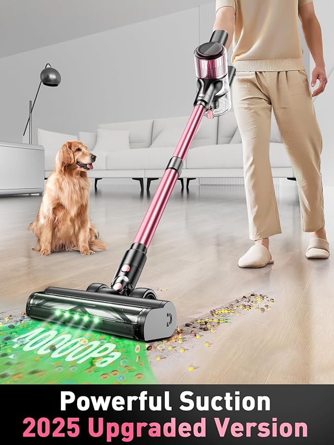 Cordless Vacuum Cleaner40Kpa 8 in 1 Powerful Stick Vacuum with Anti-Tangle Brush and Upgraded Green Light 45mins Runtime Rechargeable Lightweight Vacuums for Hardwood Floor Pet Hair (Pink)