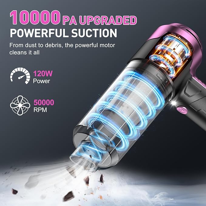 KMM Handheld Car Vacuum Cleaner 10000PA Vacuum Cleaner &amp Air Duster 120W High Power Vacuum Portable Cordless Hand Held Vacuum Rechargeable with Multi-Nozzles &amp LED Light for Home Car Offi