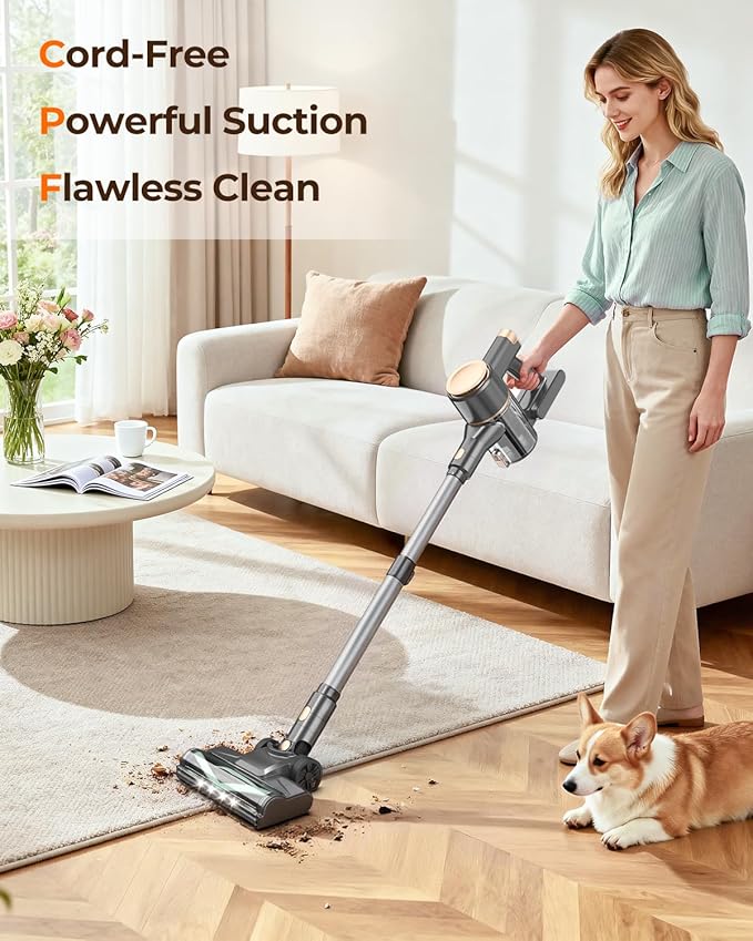 N8 Cordless Vacuum CleanerLightweight Stick Vacuum with Powerful Suction2200mAh Battery40 Mins RuntimeSelf-StandingRechargeable Vacuum Cleaners for Home Hardwood Floor Carpet Pet Hair (Gold)