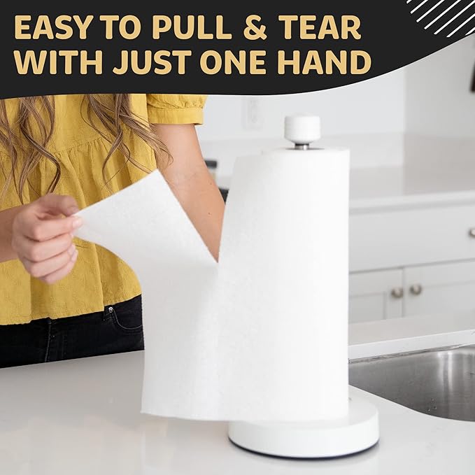 Heavy-Duty Stainless Steel Paper Towel Holder - Easy One-Handed Tear with Suction Cups - Modern Weighted Standing Countertop Dispenser for Kitchen - Holds All Paper Towel Rolls White