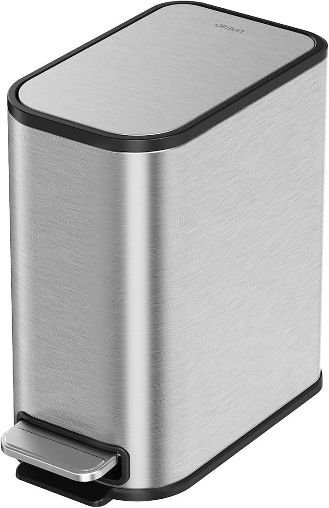 Cesun Small Bathroom Trash Can with Lid Soft Close Step Pedal 5 Liter / 1.3 Gallon Stainless Steel Garbage Can with Removable Inner Bucket Waste Basket for Bathroom Bedroom (Silver)