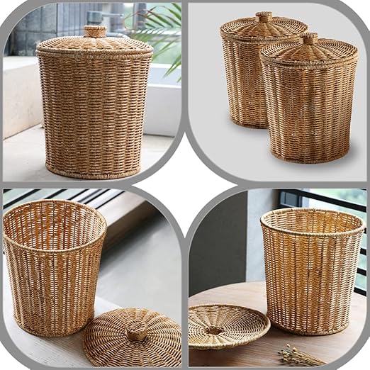 DOITOOL Rattan Round Waste Basket with Plastic Insert&amp Lid Woven Basket Trash Can Storage Basket for Bedroom Living Room Bathroom Kitchen and Laundry 11 x 9. x 7. 86inch