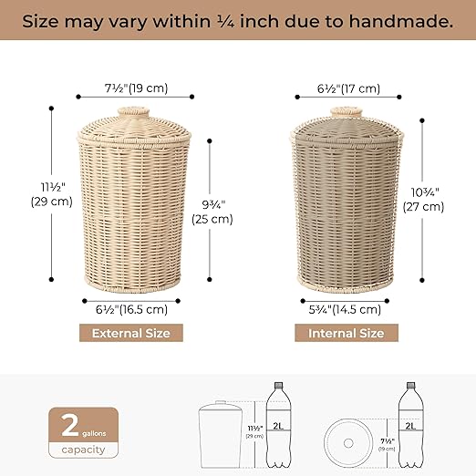 GRANNY SAYS Wicker Small Bathroom Trash Can with Lid 2 Gallon Cute Decorative Waste Basket for Bedroom and Dorm Office Garbage Cans for Under Desk Mini Round Trash Bin for Decor Off White