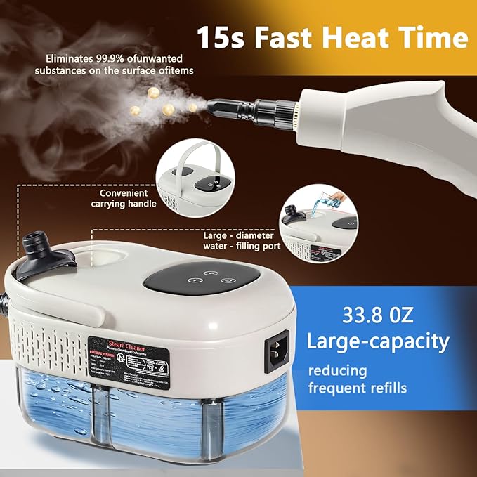 Handheld Steam Cleaner 1000ml Water Tank 15S Heat-up Time Multipurpose Steamer for Home Use Pressurized Steamer for Cleaning Floor Upholstery Grout and Car White
