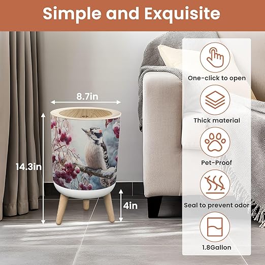 Bathroom Trash Can with Lid Abstract Woodpecker Snowy Cherry Branch Snow Red Berries Winter Garbage Bin Waste Basket for Kitchen Office Bedroom Decoration Diaper Pail 1.8 Gallon