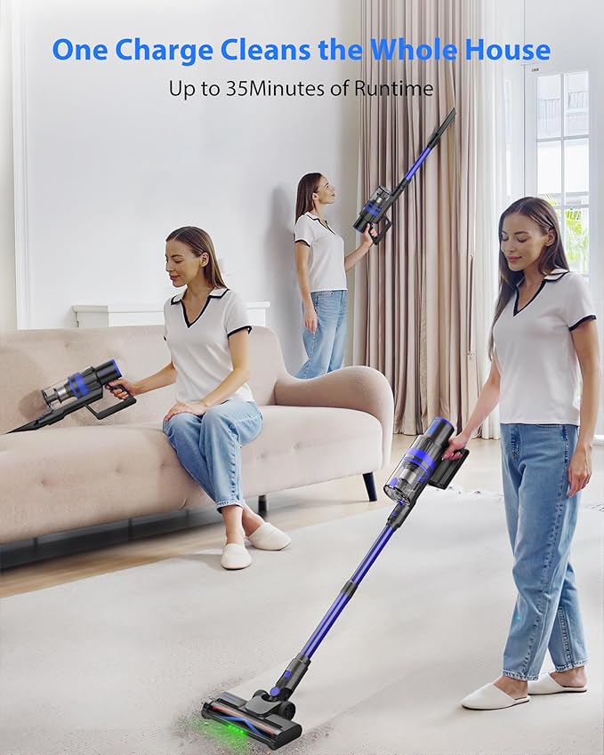 Cordless Vacuum Cleaner 45KPA Stick Vacuum Cleaners for Home 6-in-1 Rechargeable Lightweight Vacuum Up to 35Mins Runtime with Powerful Suction for Carpets Pet Hair Hardwood Floors