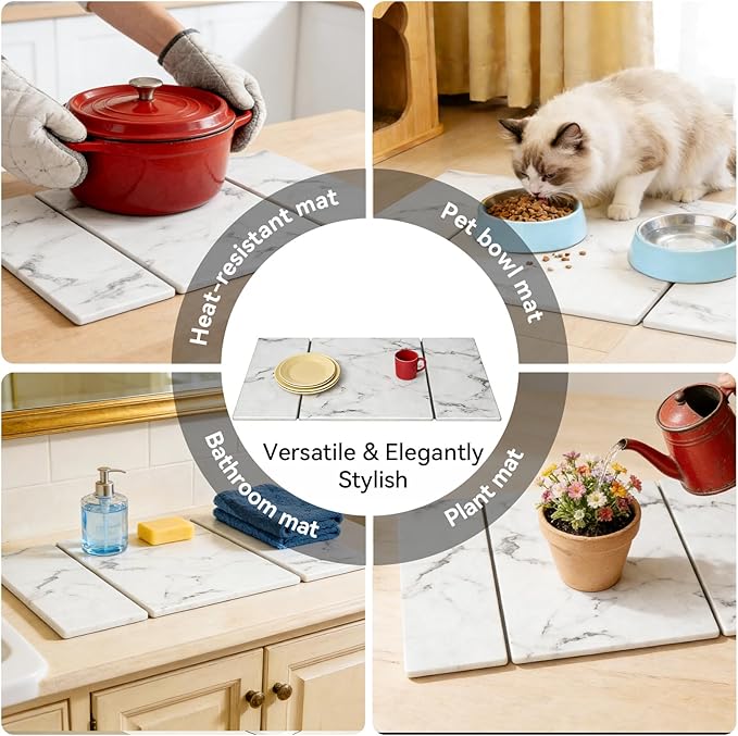 Large Stone Drying Mat for Kitchen Counter Foldable Quick Dry Dish Drying Mat 24x16 Water Absorbent Diatomaceous Earth Mats for Bottles Cups Dishes Modern Kitchen Essentials (White)