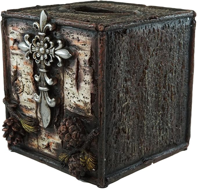 Ebros Gift Rustic Southwestern Inspirational Le Fleur Cross with Birch and Pinecones Bathroom Accessory Resin Sculpture Fleur De Lis Accent (Tissue Box Holder Case)