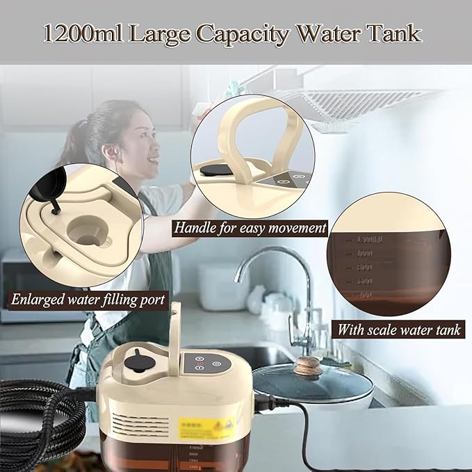 Handheld Steam Cleaner 1500W High Pressure Steamer With 3 Brush Heads 15s Heat-Up 6-Level Temp 1.2 L Water Tank Portable Steam Cleaning Machine for Car Kitchen Bathroom(Style4)