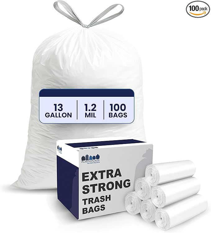 Plasticplace 13 Gallon Trash Bags 1.2 Mil White Drawstring Garbage Can Liners 24x27 (100 Count)