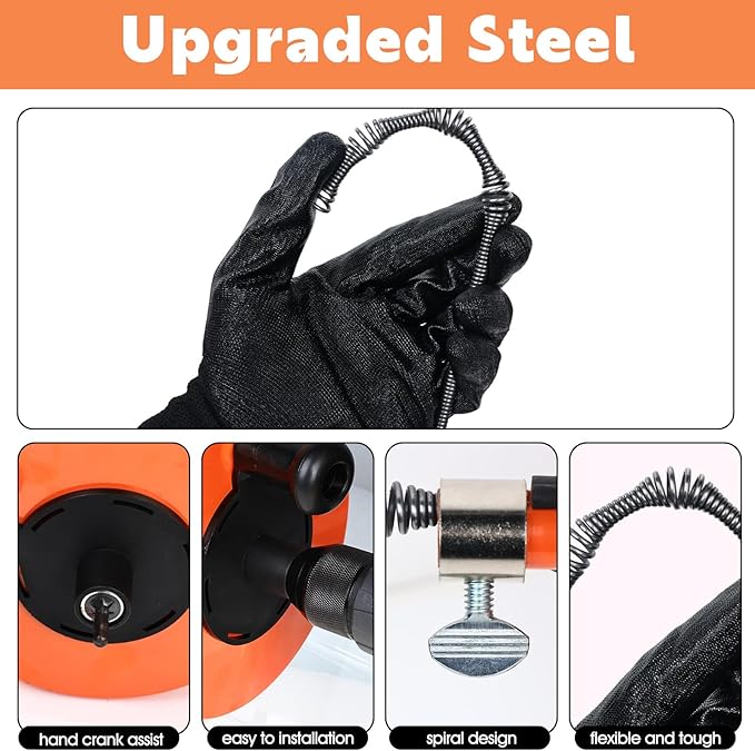 50 Ft Drain AugerUse Manually or Drill Powered 50 Foot Drain SnakeHeavy Duty Flexible Plumbing SnakeWith Gloves and Storage Bag for Kitchen Sink Shower Drain (50FT Orange)