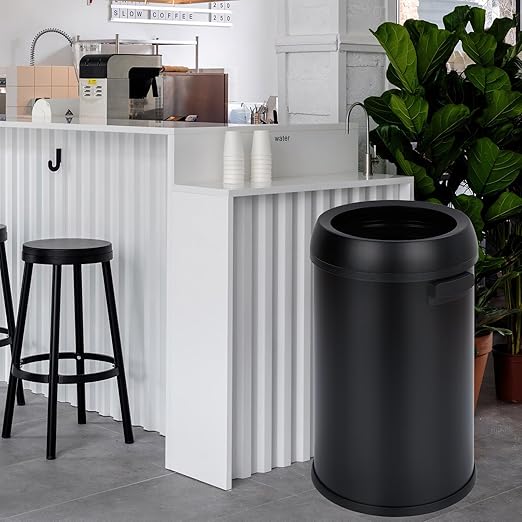 GarveeHome 17 gal/65 L Open Top Trash Can Stainless Steel Rubbish Bin Commercial Grade Waste Container Round Garbage Can for Outdoor Home Office Restaurant Black