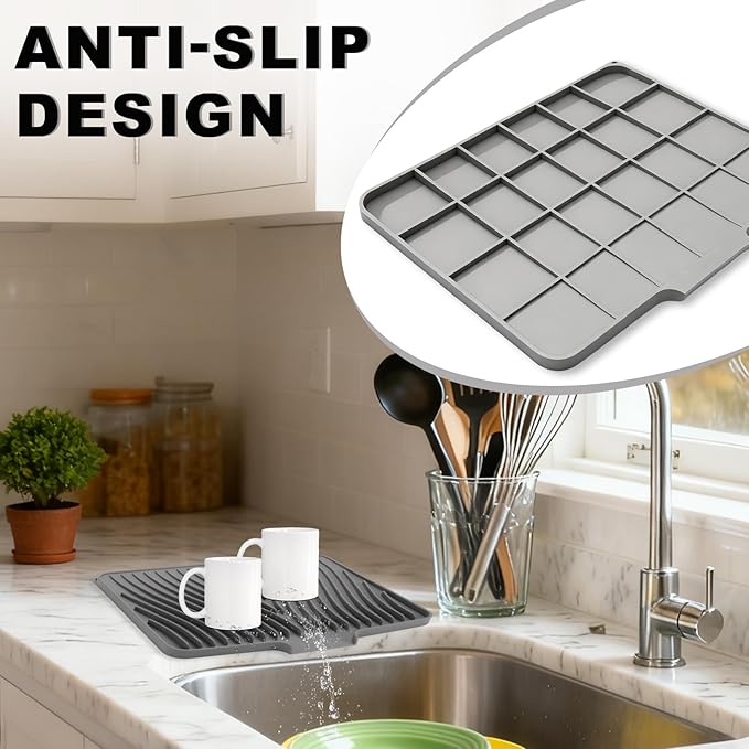 Silicone Dish Drying Mat for Kitchen Counter Dish Drying Pad Non-Slip Drain Pad with Built-in Drain Food-Grade Odorless Easy-Clean Drying Mat (Beige 19.69 x 17)