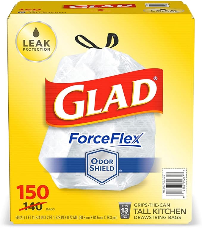 Glad Forceflex Tall Kitchen 13 Gallon Drawstring Trash Bags with Odorshield (150 Ct.)