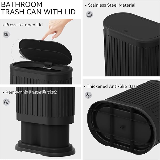 Small Bathroom Trash Can with Toilet Brush 1.6 Gallon Black Stainless Steel Garbage Can with LidSlim Wastebasket with Shower Caddy for Bathroom Bedroom