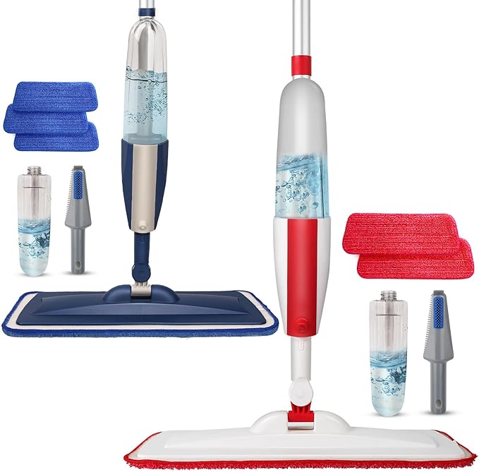 2 Pack Spray Mop for Floor Cleaning Red &amp Blue Combo Refillable 14 oz Bottle and 3 Washable Pads Wet Dry Mop for Hardwood Tile Laminate Home or Commercial Use