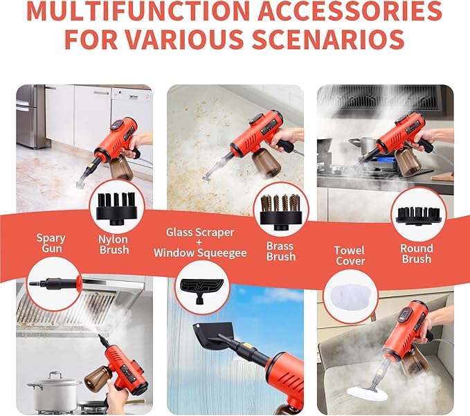 1200W High Pressure Handheld Steam Cleaner 600ML Tank Multi-Purpose Steamer for Home UseCleaning Floor Upholstery Grout and CarRed