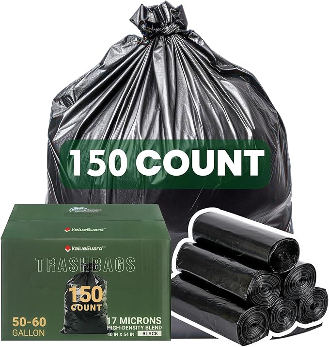 150 Count 55-60 Gallon Trash Bags Large Garbage Bags Sturdy &amp Tear-Resistant Commercial Can Liners 55 Gallon Large Black Trash Bags for Commercial Lawn and Leaf Bags (150 Count)