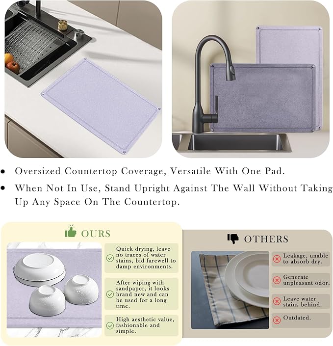 Large Diatomaceous Earth Stone Dish Drying Mats for Kitchen Counter24×16Quick Dryingwith 4 Non-Slip Stainless Steel Feet Suitable for Various Countertops Bowl Racks Medium Gray
