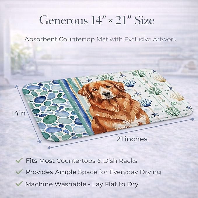 Caroline's Treasures Reddish Brown Great Pyrenees Coastal Sea Glass Dish Drying Mat Absorbent Dish Drying Mat Pad for Kitchen Counter Dish Drainer Mat for Countertop 14 x 21 Multicolor