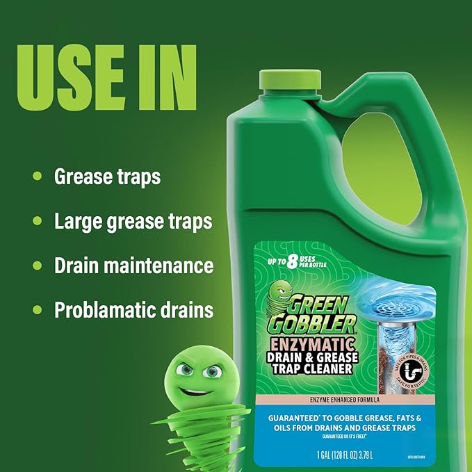 Green Gobbler ENZYMES for Grease Trap &amp Sewer - Controls Foul Odors &amp Breaks down Grease Paper Fat &amp Oil in Sewer Lines Septic Tanks &amp Grease Traps (4 Gallon Case)