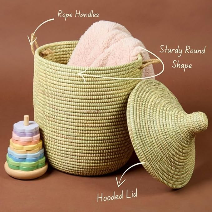 Basket with Lid Handwoven African Basket 12 Inch Wide 14 Inch Tall Natural Beige