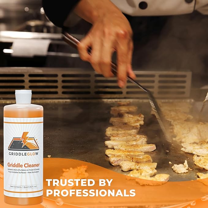 Griddle &amp Flat Top Grill Biodegradable Cleaner. Easy Pour Squeeze Bottle 32 oz. Fast Acting Formula Food Safe Glycerin-Based and Caustic Free. Heat Activated Removes Grease and Baked-on Food Sa