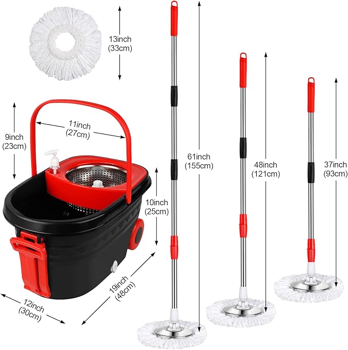 Mop and Bucket Set 360° Spin Mop and Bucket with Wringer Set and 3 Microfiber Mop Refills Stainless Steel 61'' Extended Handle Spinning Mop Bucket System for Floor Cleaning