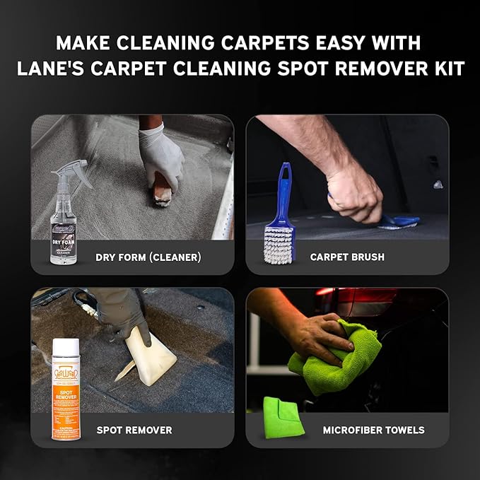 LANE'S Carpet Cleaning &amp Spot Remover Kit - 32oz Dry Foam Spot Remover Carpet Brush Microfiber Towels No Water is Needed Safe and Easy to Use