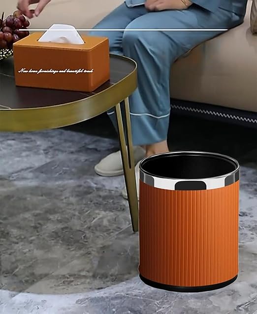 Luxury Metal Waste Bin 10L Open Top Double Layer Trash Can Floor Standing with Faux Leather Covered - Waste basket Dust Bins for Kitchen Bathroom Hotel Office (Rose Gold)