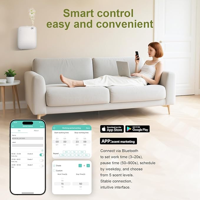 Waterless DiffuserWireless Essential Oil Battery Operated2000 Sq FtSafety LockQuietBluetooth AppHotel Home Collection Scent Machine - White