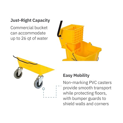 Carlisle FoodService Products 26-Quart Commercial Mop Bucket with Side-Press Wringer Precision-Molded Polypropylene Durable Wringer Bucket with Non-Marking Casters 18.5 x 16.5 x 23 Inches Yellow