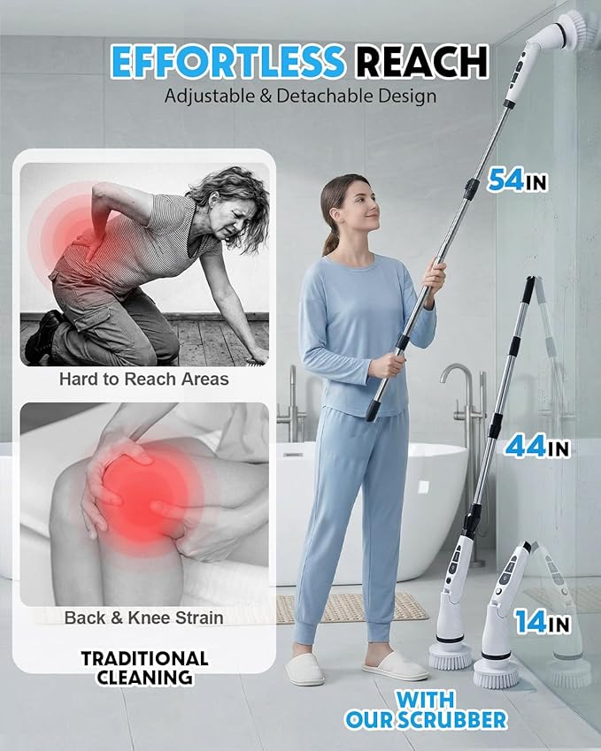 Electric Spin Scrubber Shower Scrubber with Long Handle 7 Brush Heads 2-Speed Cordless Bathroom Cleaning Brush 54in Extendable Electric Cleaning Brush for Tub Tile Floor &amp Kitchen