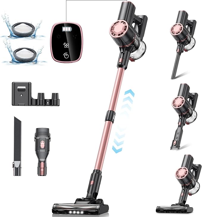 Vexilar Cordless Vacuum Cleaner Self-Standing Rechargeable Stick Vacuum Cleaners for Home 35mins Runtime LED Screen 6-in-1 Lightweight Handheld Vacuum for Hard Floor Carpet (Pink)