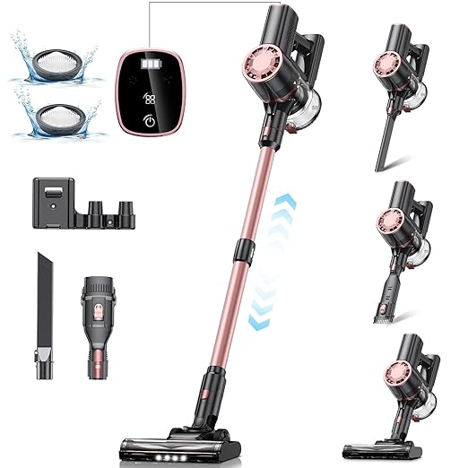 Cordless Vacuum Cleaner 6-in-1 Lightweight Stick Vacuum Self-Standing 35Mins Runtime2200mAh Rechargeable BatteryLED ScreenPowerful Vacuum Cleaners for Home Hardwood Floor Carpet Pet Hair(Pink)