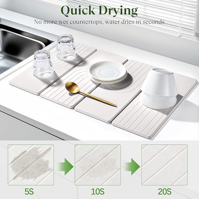 Large Stone Dish Drying Mat for Kitchen Counter Quick Dry Stone Dishes Mats 23.6(L)×15.4(W) Water Absorbing Diatomaceous Earth Drying Pad for Countertop Bottles Utensils Cups White