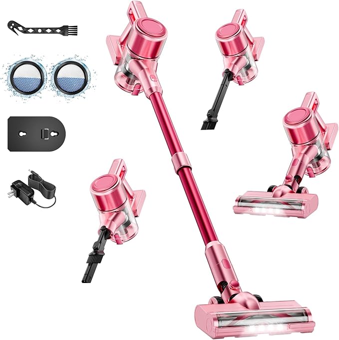 Cordless Vacuum Cleaner55Mins/Powerful Vacuum Cleaners for HomeStick Vacuums with 8 in 1Touch ScreenLED Headlights Anti-TanglePet HairPink