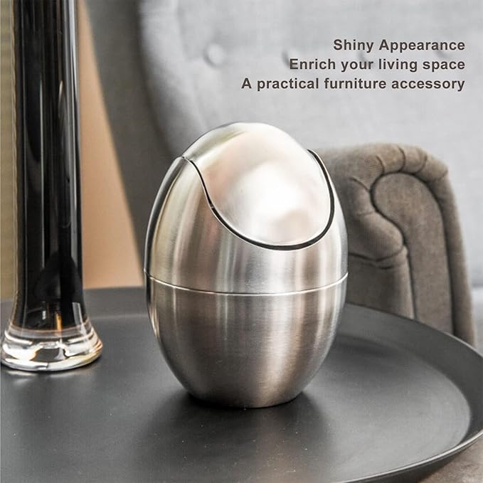 Tyenaza Mini Trash Can Egg-Shaped Stainless Steel Countertop Garbage Bin Mini Desk Can with Swing Lid for Office Desk Coffee Table Vanity Tabletop Bedroom